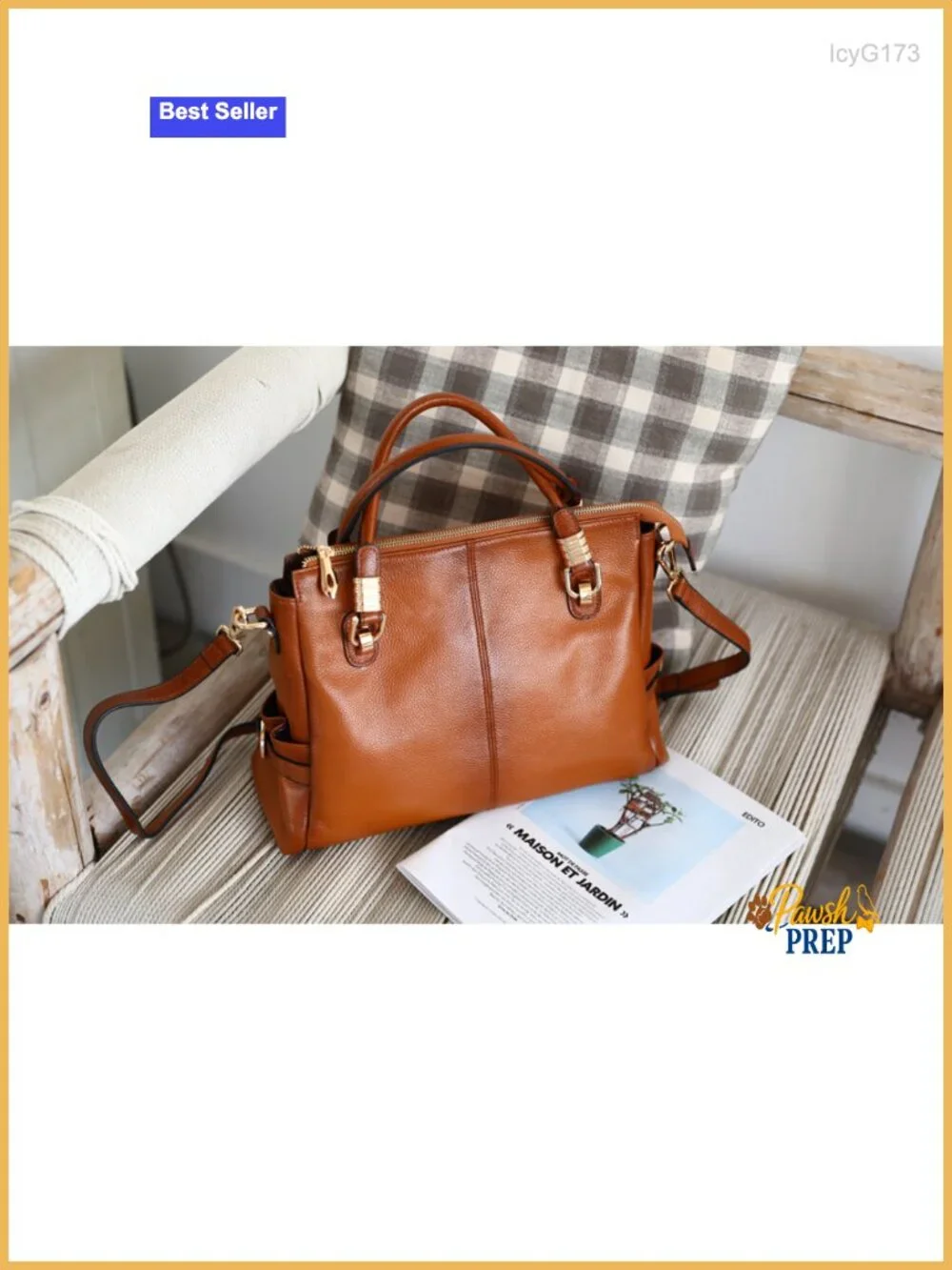 Top Grain Pebbled Cowhide Leather Satchel Tote Shoulder Bag with Pockets